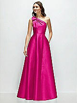 Front View Thumbnail - Think Pink Bow One-Shoulder Full A-Line Satin Maxi Dress