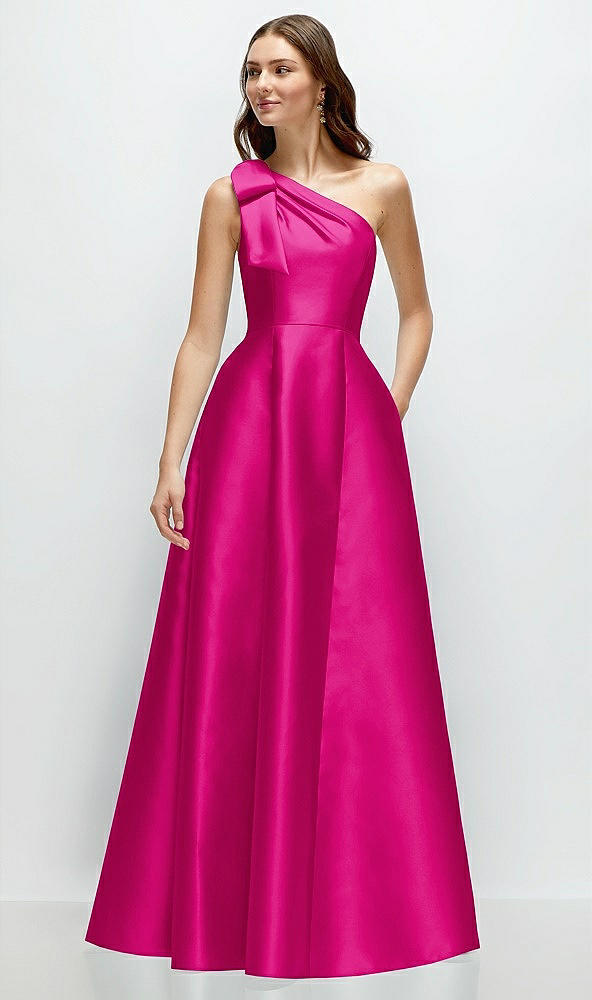 Front View - Think Pink Bow One-Shoulder Full A-Line Satin Maxi Dress