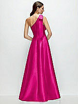 Rear View Thumbnail - Think Pink Bow One-Shoulder Full A-Line Satin Maxi Dress