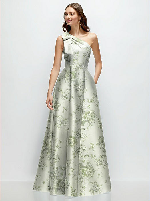 Bow One-Shoulder Full A-Line Floral Satin Maxi Dress