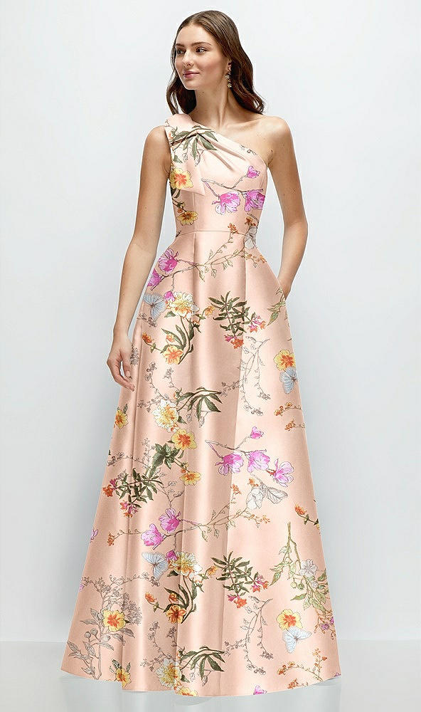 Front View - Butterfly Botanica Pink Sand Bow One-Shoulder Full A-Line Floral Satin Maxi Dress