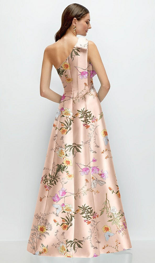 Back View - Butterfly Botanica Pink Sand Bow One-Shoulder Full A-Line Floral Satin Maxi Dress