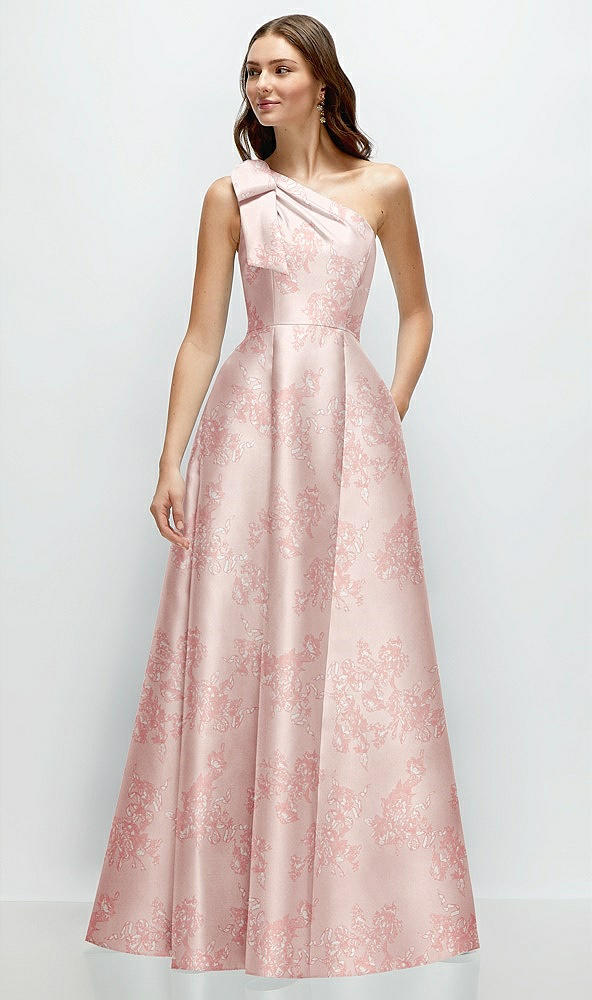 Front View - Bow And Blossom Print Bow One-Shoulder Full A-Line Floral Satin Maxi Dress