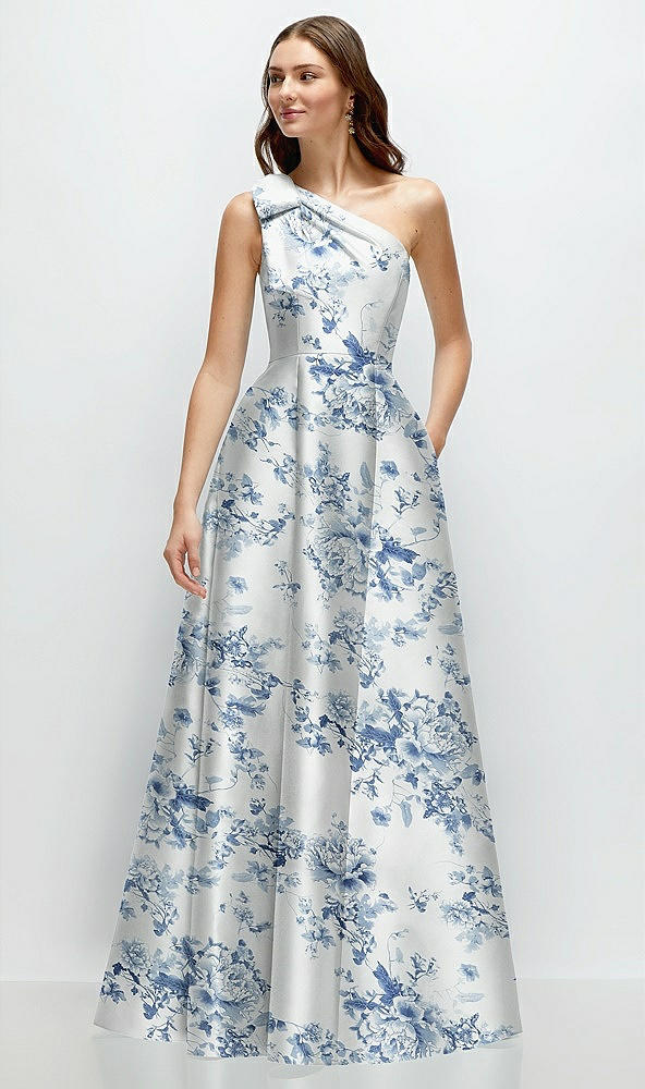 Front View - Cottage Rose Larkspur Bow One-Shoulder Full A-Line Floral Satin Maxi Dress