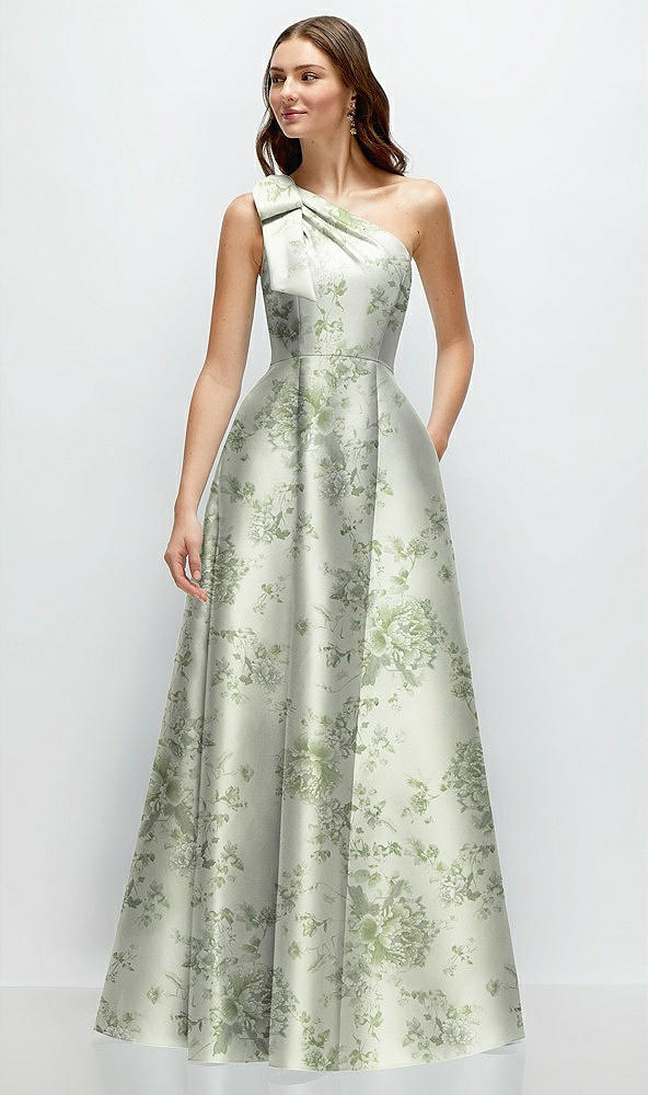 Front View - Sage Cottage Rose Bow One-Shoulder Full A-Line Floral Satin Maxi Dress