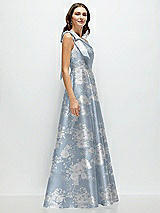 Side View Thumbnail - Porcelain Blue Seraphina Floral Bow One-Shoulder Full A-Line Floral Satin Maxi Dress