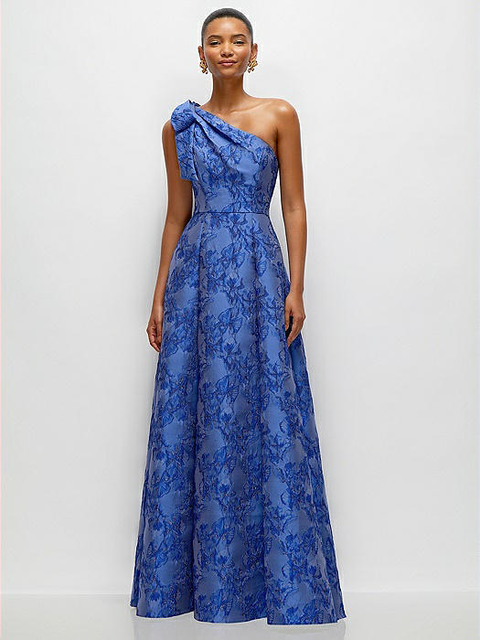 Cobalt Blue Bow One-Shoulder Full A-Line Floral Metallic Jacquard Maxi Dress