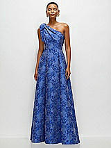 Front View Thumbnail - Cobalt Jacquard Cobalt Blue Bow One-Shoulder Full A-Line Floral Metallic Jacquard Maxi Dress