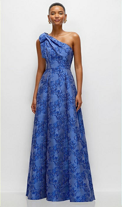 Cobalt Blue Bow One shoulder Full A line Floral Metallic Jacquard Maxi Bridesmaid Dress In Cobalt Jacquard The Dessy Group