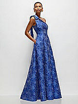 Side View Thumbnail - Cobalt Jacquard Cobalt Blue Bow One-Shoulder Full A-Line Floral Metallic Jacquard Maxi Dress