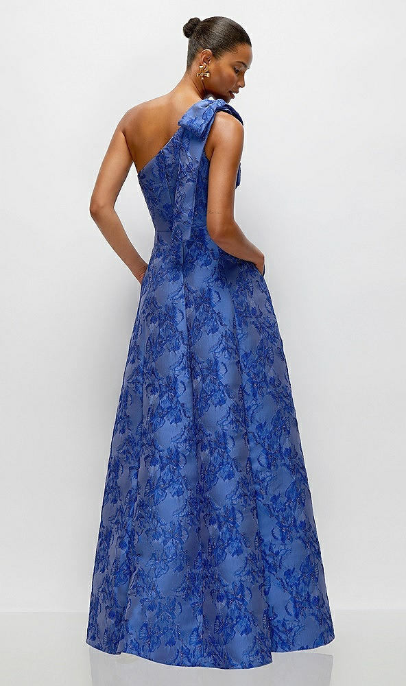 Back View - Cobalt Jacquard Cobalt Blue Bow One-Shoulder Full A-Line Floral Metallic Jacquard Maxi Dress