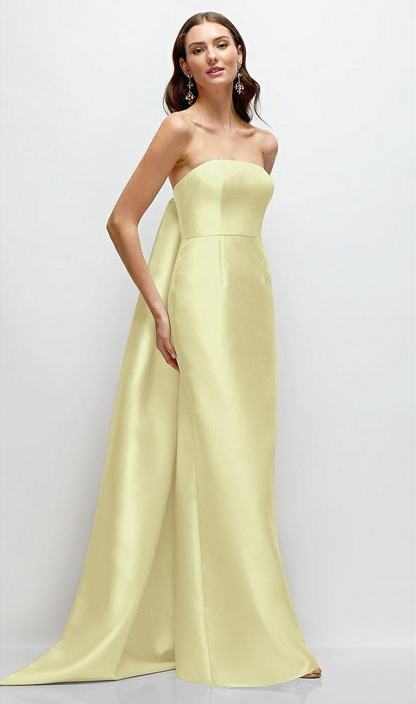 Front View - Butter Yellow Strapless Satin Column Dress with Removeable Watteau Train