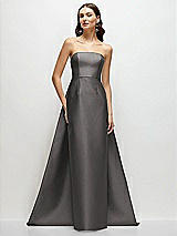 Side View Thumbnail - Caviar Gray Strapless Satin Column Dress with Removeable Watteau Train