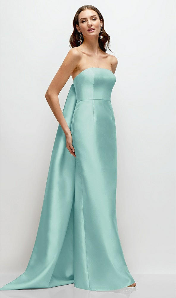 Front View - Coastal Strapless Satin Column Dress with Removeable Watteau Train