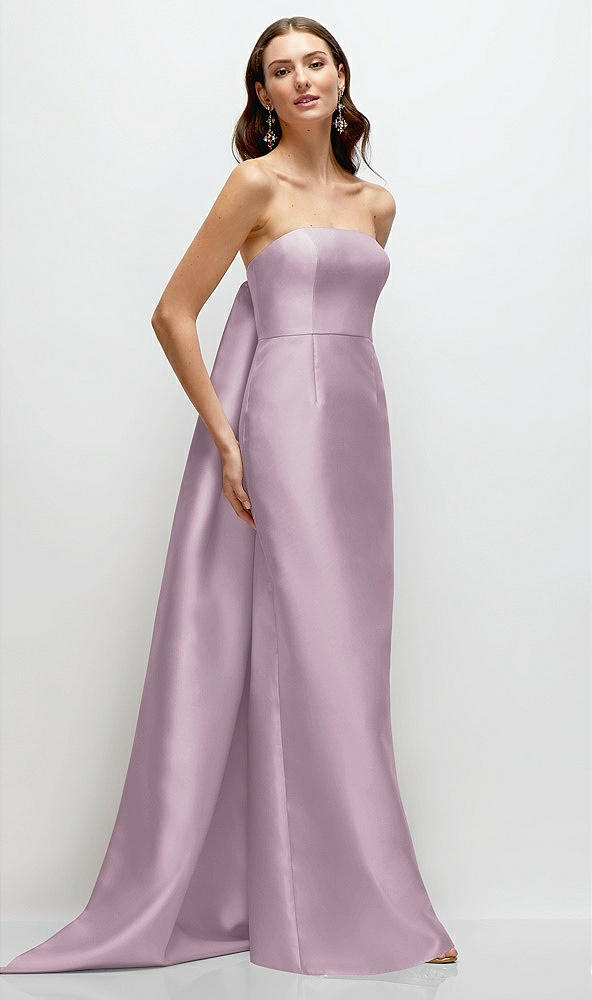 Front View - Suede Rose Strapless Satin Column Dress with Removeable Watteau Train