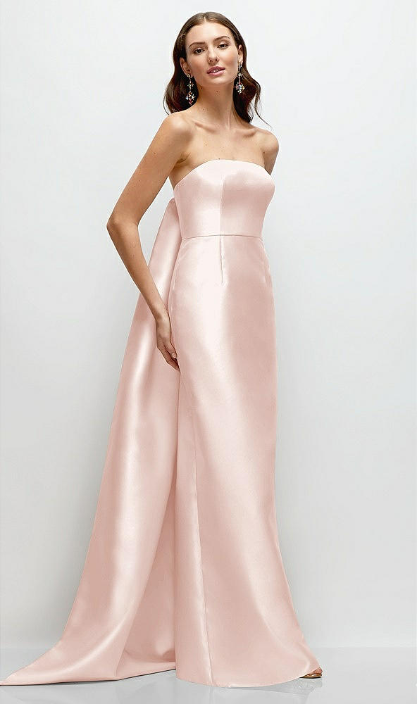 Front View - Blush Strapless Satin Column Dress with Removeable Watteau Train