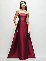 Side View Thumbnail - Burgundy Strapless Satin Column Dress with Removeable Watteau Train