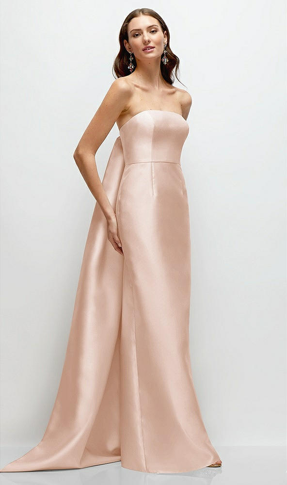 Front View - Cameo Strapless Satin Column Dress with Removeable Watteau Train