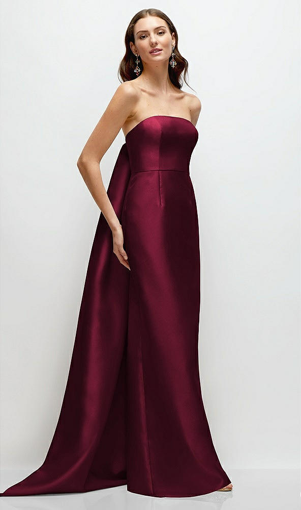 Front View - Cabernet Strapless Satin Column Dress with Removeable Watteau Train