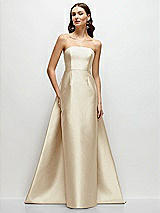 Side View Thumbnail - Champagne Strapless Satin Column Dress with Removeable Watteau Train