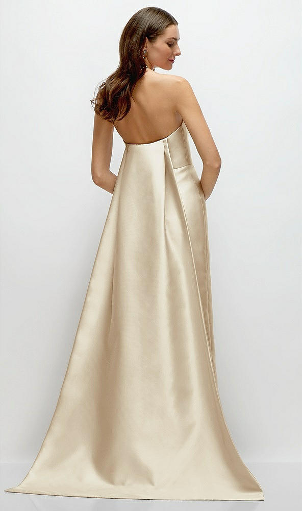 Back View - Champagne Strapless Satin Column Dress with Removeable Watteau Train