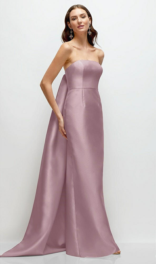 Front View - Dusty Rose Strapless Satin Column Dress with Removeable Watteau Train