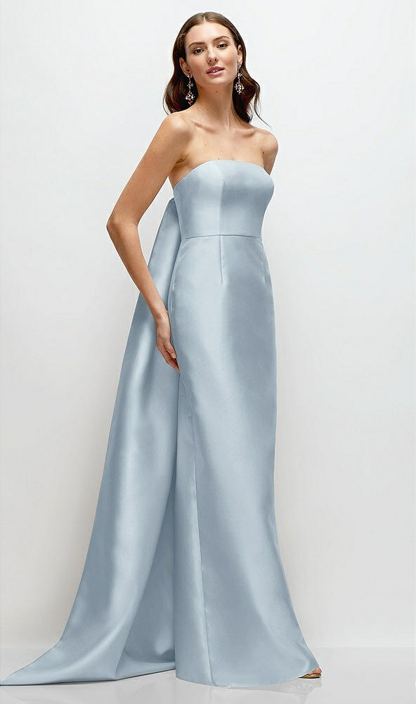 Front View - Mist Strapless Satin Column Dress with Removeable Watteau Train