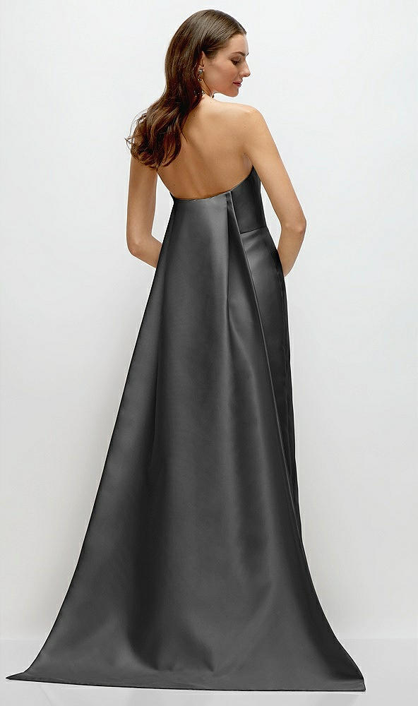 Back View - Pewter Strapless Satin Column Dress with Removeable Watteau Train