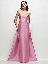 Side View Thumbnail - Powder Pink Strapless Satin Column Dress with Removeable Watteau Train