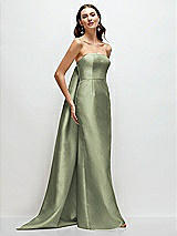 Front View Thumbnail - Sage Strapless Satin Column Dress with Removeable Watteau Train