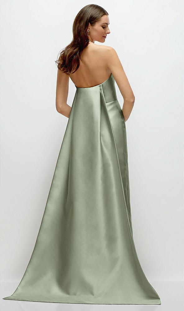 Back View - Sage Strapless Satin Column Dress with Removeable Watteau Train