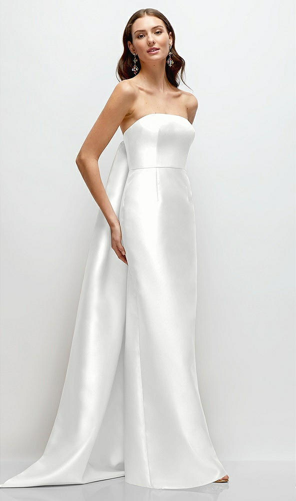 Front View - White Strapless Satin Column Dress with Removeable Watteau Train