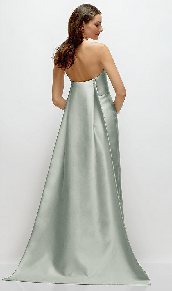 Back View - Willow Green Strapless Satin Column Dress with Removeable Watteau Train