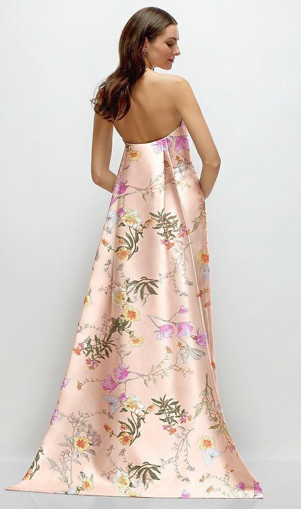 Back View - Butterfly Botanica Pink Sand Strapless Floral Satin Column Dress with Removeable Watteau Train