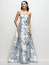 Front View Thumbnail - Cottage Rose Larkspur Strapless Floral Satin Column Dress with Removeable Watteau Train