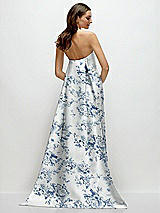 Rear View Thumbnail - Cottage Rose Larkspur Strapless Floral Satin Column Dress with Removeable Watteau Train