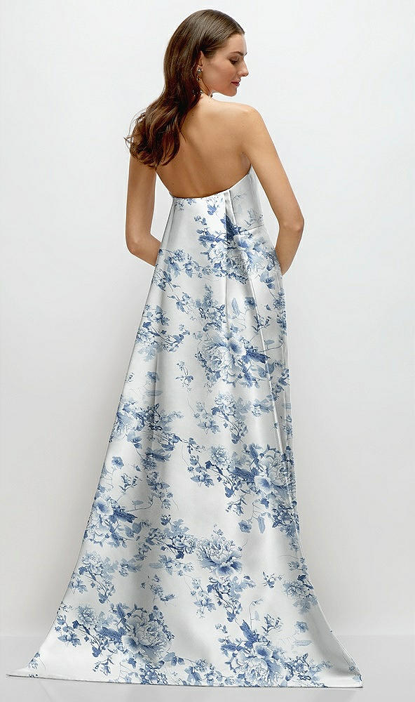 Back View - Cottage Rose Larkspur Strapless Floral Satin Column Dress with Removeable Watteau Train