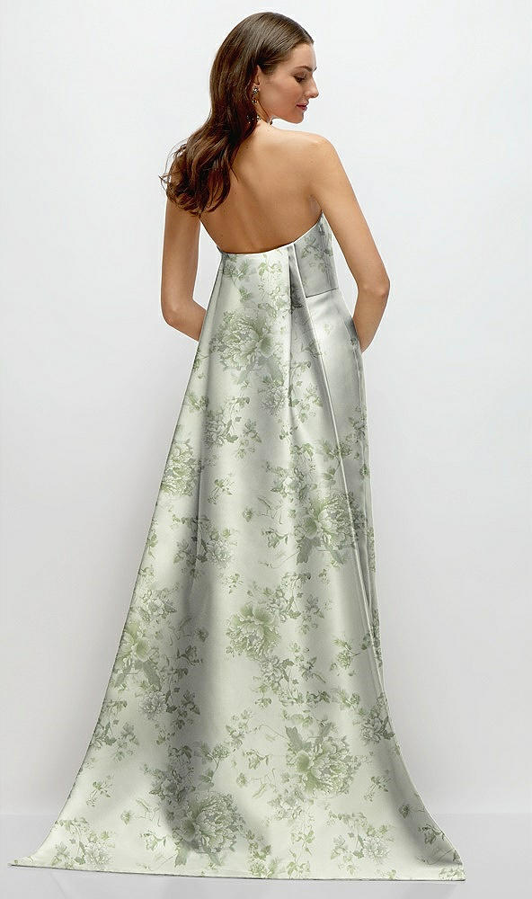 Back View - Sage Cottage Rose Strapless Floral Satin Column Dress with Removeable Watteau Train