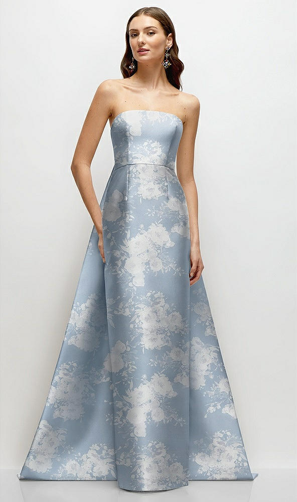 Front View - Porcelain Blue Seraphina Floral Strapless Floral Satin Column Dress with Removeable Watteau Train