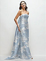 Side View Thumbnail - Porcelain Blue Seraphina Floral Strapless Floral Satin Column Dress with Removeable Watteau Train