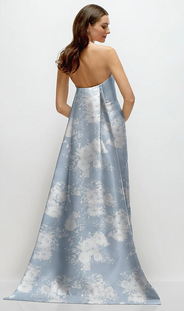 Back View - Porcelain Blue Seraphina Floral Strapless Floral Satin Column Dress with Removeable Watteau Train