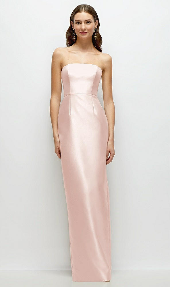 Front View - Blush Strapless Satin Column Dress with Back Slit