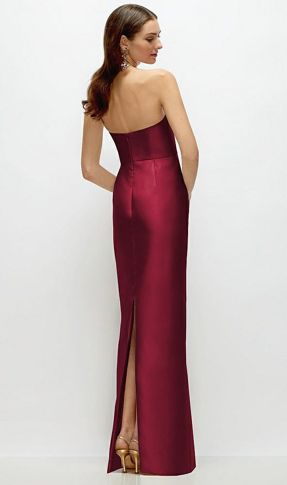 Back View - Burgundy Strapless Satin Column Dress with Back Slit