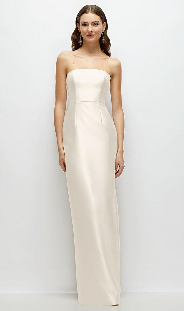 Front View - Ivory Strapless Satin Column Dress with Back Slit