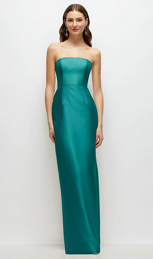 Front View - Jade Strapless Satin Column Dress with Back Slit