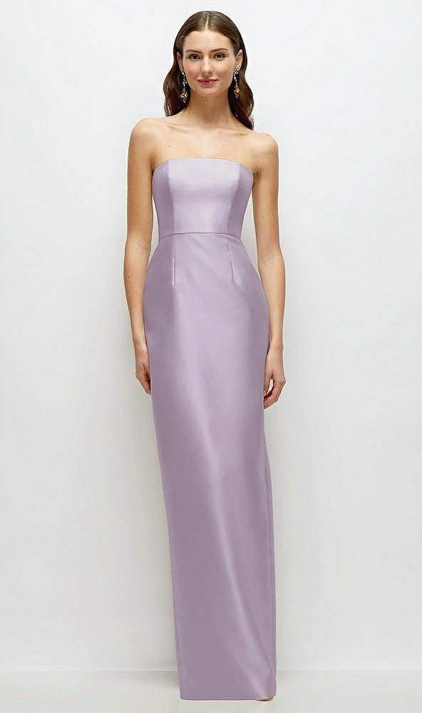 Front View - Lilac Haze Strapless Satin Column Dress with Back Slit