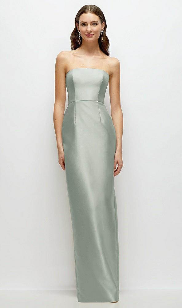 Front View - Willow Green Strapless Satin Column Dress with Back Slit