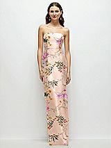 Front View Thumbnail - Butterfly Botanica Pink Sand Strapless Floral Satin Column Dress with Back Slit