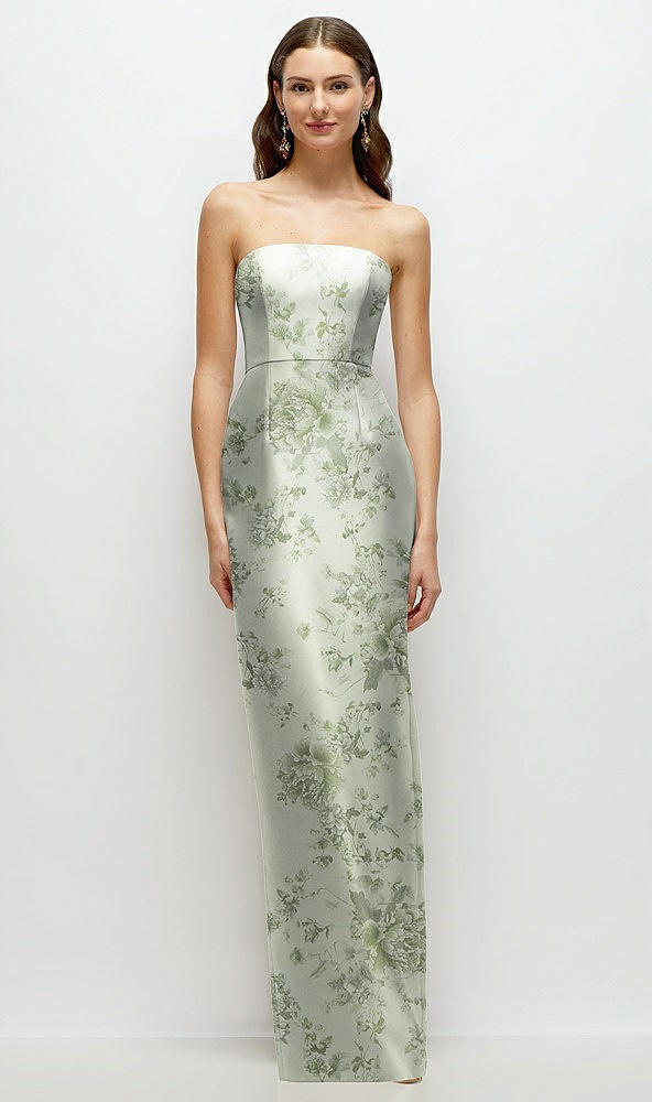 Front View - Sage Cottage Rose Strapless Floral Satin Column Dress with Back Slit