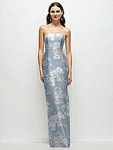 Front View Thumbnail - Porcelain Blue Seraphina Floral Strapless Floral Satin Column Dress with Back Slit